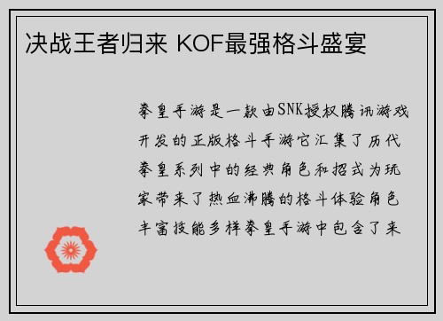 决战王者归来 KOF最强格斗盛宴